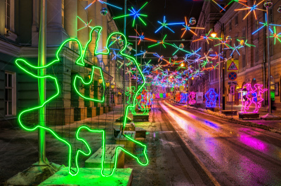 迪斯科,街道,灯笼,水平画幅,夜晚,新年,早晨,户外,花卉花环,莫斯科