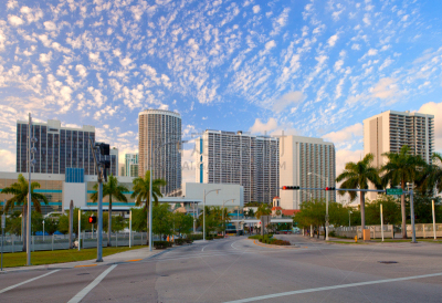 佛罗里达,城市,市区,建筑外部,全景,迈阿密,碧琪箕,云景,黄昏,云
