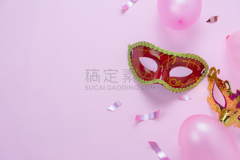 面具,图像,气球,五彩纸屑,背景,平铺,季节,装饰