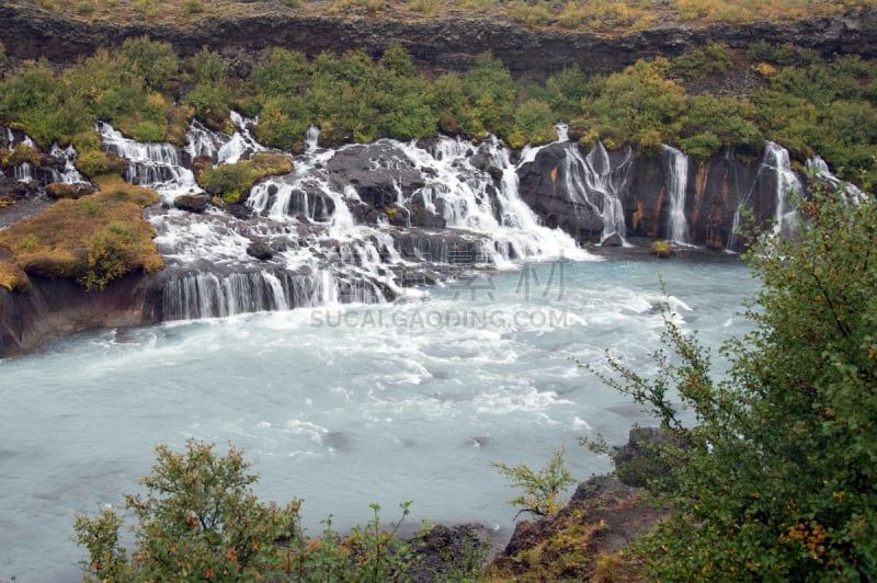 Hraunfossar,岛,灰色,水平画幅,绿色,岩石,熔岩,无人,欧洲,River Hvita