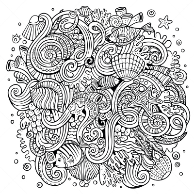 绘画插图,水下,卡通,乱画,新生活,水,贝壳,古典式,夏天,复杂