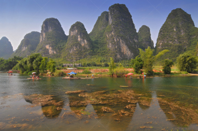地形,中国,桂林,阳朔,喀斯特,山,自然美,木筏,田园风光,户外