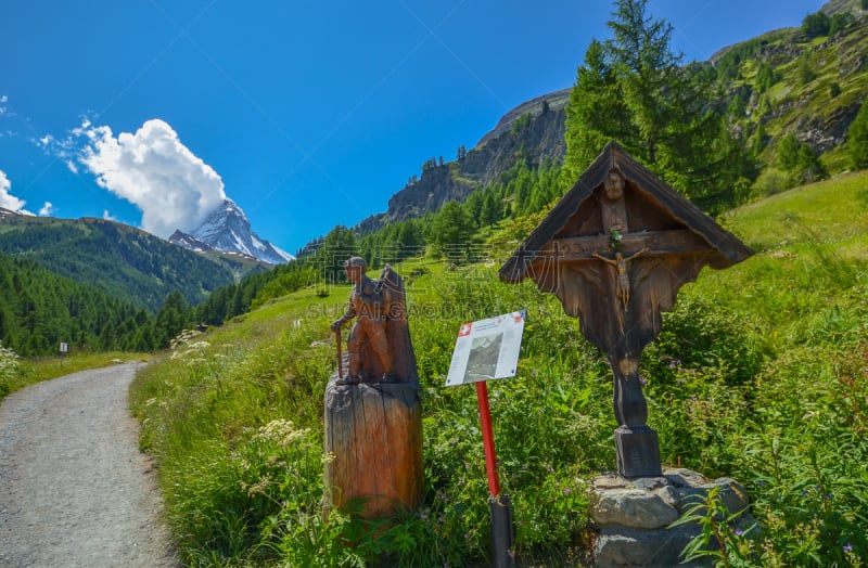 马特洪峰,小路,徒步旅行,瑞士阿尔卑斯山,天空,度假胜地,水平画幅,山,雪,少女峰