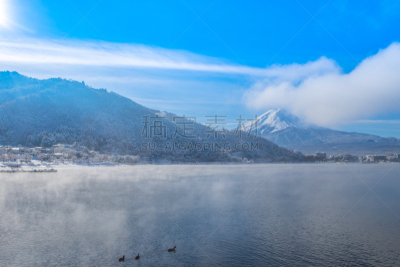 雪,湖,冬天,富士山,日本,天空,美,水平画幅,火山地形,巨大的