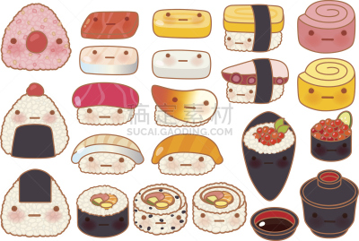 日本食品,可爱的,图标,婴儿,乱画,玉子寿司,鱼卵,吞拿鱼腩,军舰卷,饭团