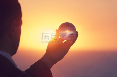 地球形,男商人,黎明,拿着,了如指掌,前进的道路,领导能力,水晶,外包,想法