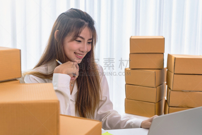 有序,幸福,业主,商务人士,电子商务,青年女人,家庭工作间,现代,背景聚焦,工作