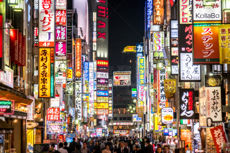 新宿区,夜晚,拥挤的,街道,仅日本人,日本人,行人,通勤者,户外,布告栏