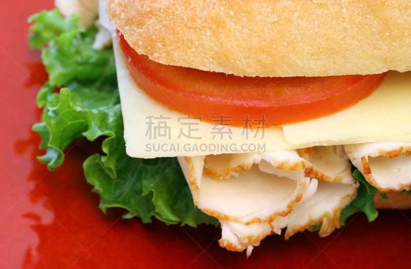 火鸡肉,三明治,特写,牛排西红柿,水平画幅,瑞士硬干酪,折角小面包,无人,奶酪,西红柿