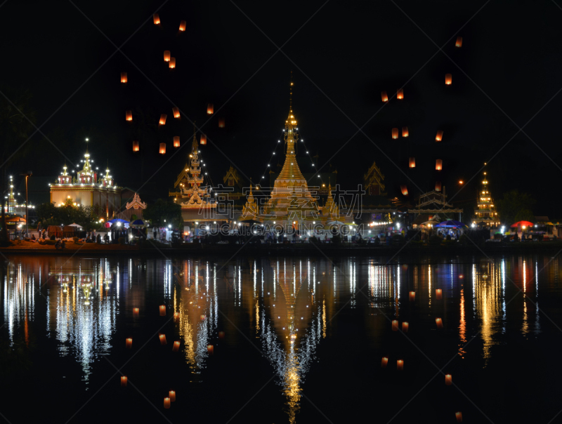 泰国,旅游目的地,寺庙,夜丰颂省,康巴,在中心,僧院,神山寺,女子高尔夫,灯笼