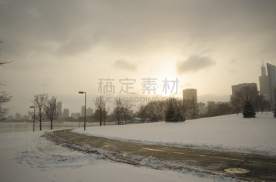 冬天,多云,湖,白昼,小路,大冰原,芝加哥鲁普商业区,密歇根湖,水平画幅,雪