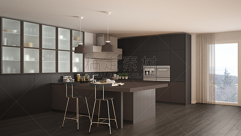 镶花地板,褐色,现代,灰色,厨房,简单,室内设计师,极简构图,电扇,水槽