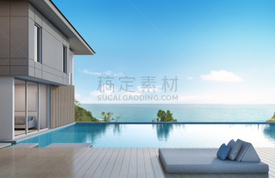游泳池,现代,房屋,海洋,看风景,水,天空,水平画幅,无人,夏天