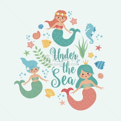 美人鱼,海洋,在下面,贺卡,海马,海洋生命,绘画插图,水母,可爱的