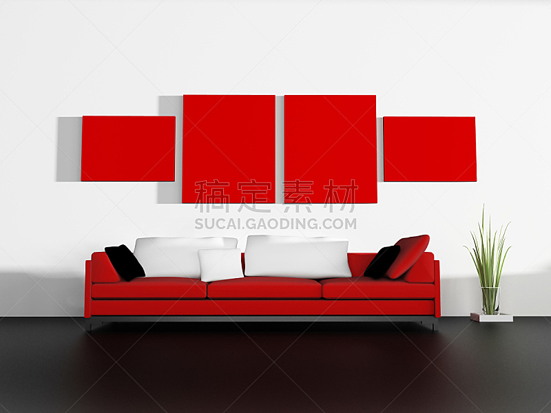 沙发,红色,室内,极简构图,住宅房间,水平画幅,无人,绘画插图,豪宅,时尚