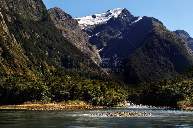 新西兰,峡湾,水平画幅,雪,瀑布,无人,主教法冠,户外,山,著名景点