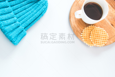咖啡杯,华夫饼干,灰色背景,蓝色帽子,两个物体,饮料,比利时,热,清新,杯