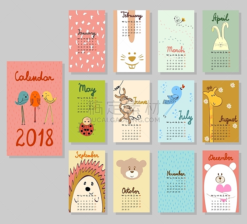 可爱的,日历,2018,绘画插图,贺卡,小兔子,新的,性格,生日,卡通