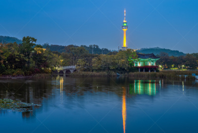公园,大邱,塔,曙暮光,黄昏,现代,池塘,著名景点,韩国,湖