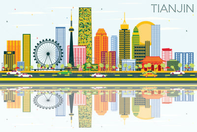 天津市,天空,蓝色,城市天际线,建筑外部,彩色图片,水平画幅,绘画插图,鸟类,都市风景
