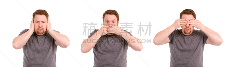 捂眼睛,非礼勿听,络腮胡子,水平画幅,褐色眼睛,面部扭曲,全景,棕色头发,仅男人,仅成年人