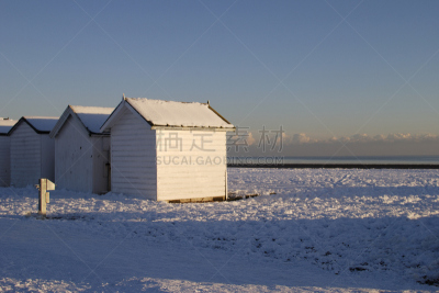 雪,英格兰,西苏塞克斯,海滩,沃辛,预制安装建筑,水平画幅,无人,水平线,小屋