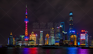上海,夜晚,滨水,上海环球金融中心,东方明珠塔,外滩,陆家嘴,天空,水平画幅,户外
