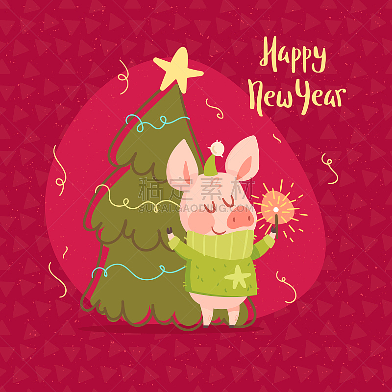 圣诞树,可爱的,猪,新年卡,贺卡,无人,绘画插图,性格,卡通