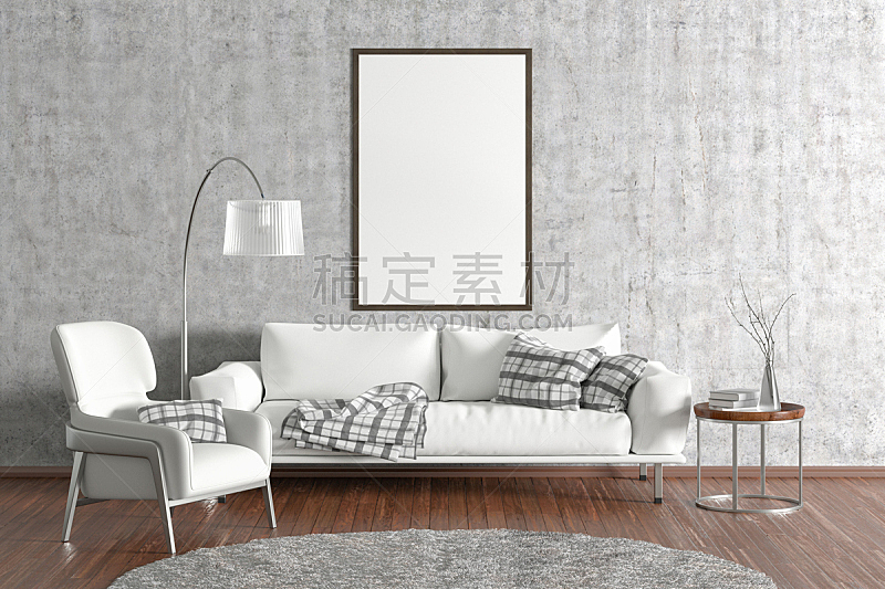 起居室,空白的,室内,砖,舒服,地板,椅子,复古风格,现代
