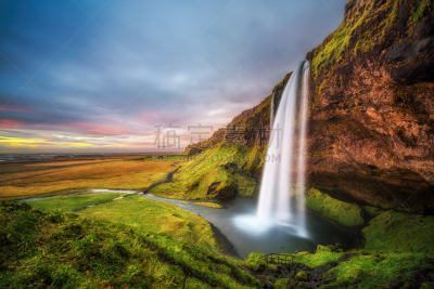 seljalandsfoss waterfall,冰岛国,瀑布,火山岩,悬崖,高大的,非凡的,曙暮光,环境,黄昏