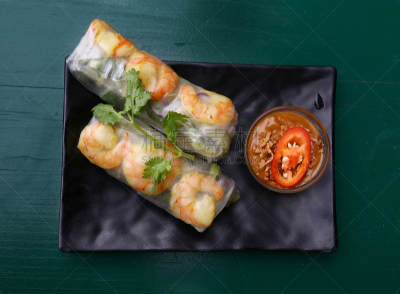 春卷,辣椒酱,虾,传统,两个物体,清新,泰国食品,肠粉,彩色背景,食品