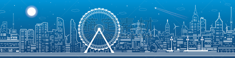 全景,城市,夜生活,摩天轮,办公大楼,部分,自然神力,现代,商业金融和工业,剪影