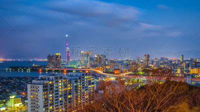 城市天际线,日本,福冈市,九州,水平画幅,夜晚,无人,户外,博多,城市