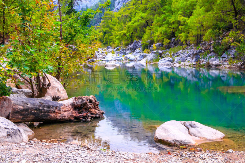 安塔利亚省,峡谷,水,美,水平画幅,银行,旅行者,石材,湖,草