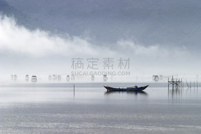 渔船,越南,雾,泻湖,传统,小的,高跷,承天顺化,越南中部,渔镇