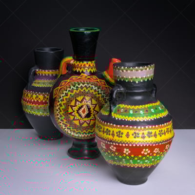 陶瓷工艺品,水壶,多色的,三个物体,华丽的,粘土,艺术,水瓶,无人,手艺