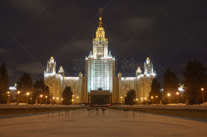 莫斯科,夜晚,冬天,mikhail lomonosov,图像,大学,霜,州,旅途,圆顶建筑