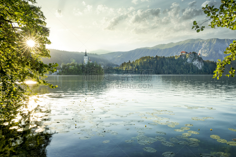 布雷得,岩石,岛,城堡,平衡折角灯,布雷德湖,julian alps,实地考察旅行,水