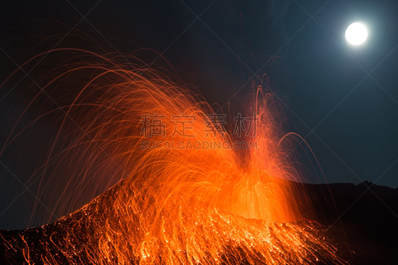 火山,透明,水平画幅,夜晚,户外,斯托伦波里岛,山,危险,灰