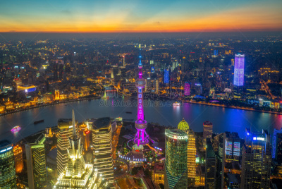 上海,航拍视角,办公室,水平画幅,夜晚,曙暮光,黄浦江,旅行者,浦东,天文台