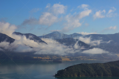 早晨,marlborough sounds,都市风光,水,天空,水平画幅,山,无人,澳大拉西亚,户外