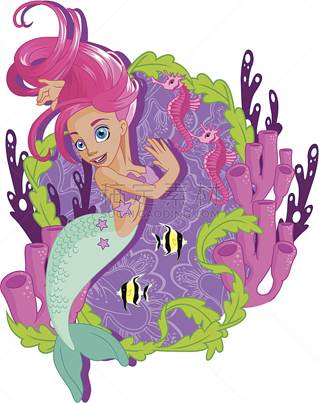 小美人鱼塑像,水,美,小的,可爱的,海马,美人,粉色头发,水下,长发