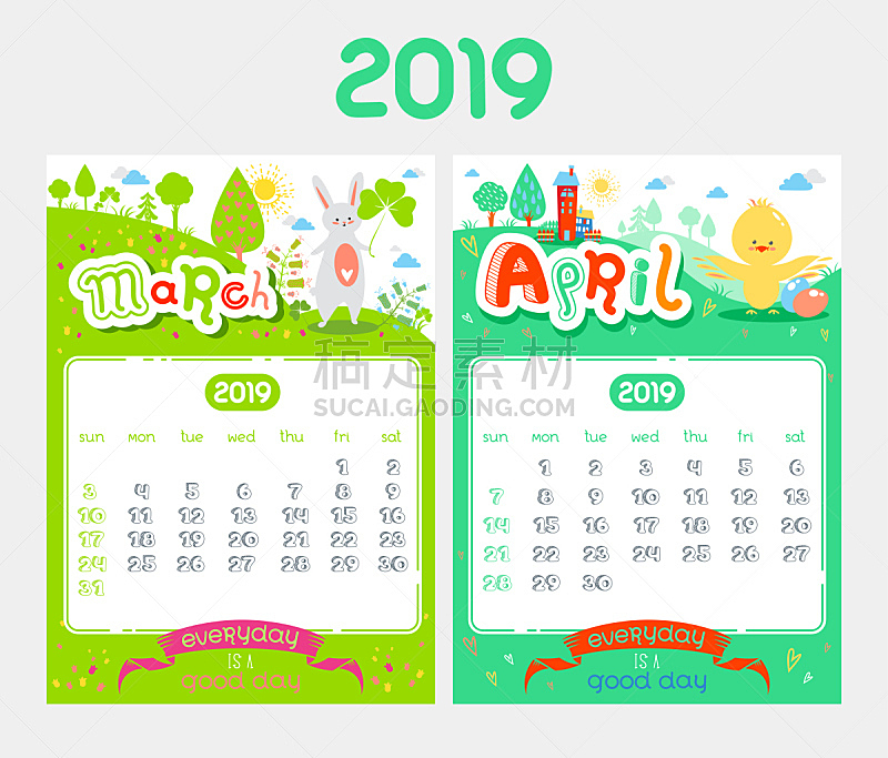 2019,日历,卡通,贺卡,复活节,月,草,动物,鸟类,鸡蛋