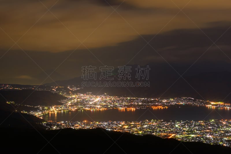 诹访,富士山,夜晚,山,城市,苏瓦湖,巴岳山,日本阿尔卑斯山脉,南阿尔卑斯山脉,长野县