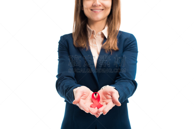 拿着,图像,世界艾滋病日,手,部分,分离着色,概念,女商人,艾滋病警示丝带,白色