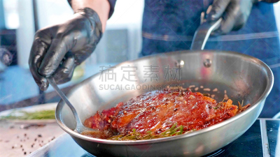 特写,肉,牛排,草本,调味品,发嘶嘶声,煎锅,餐具,水平画幅,锅