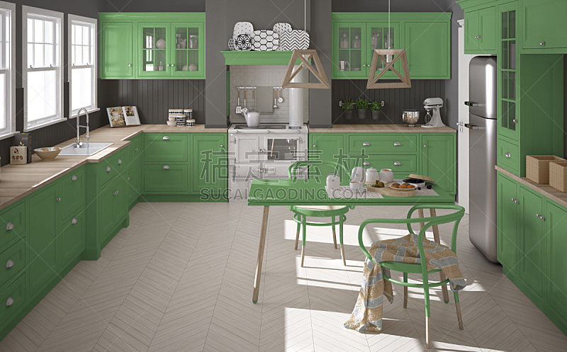 斯堪的纳维亚人,木制,厨房,简单,室内设计师,极简构图,大特写,绿色,建筑模型,镶花地板