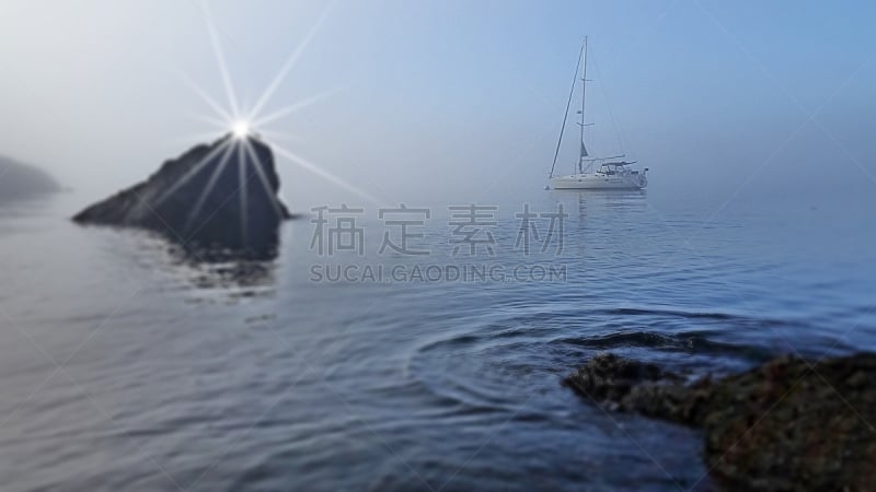 雾,早晨,美国,水平画幅,无人,奥克艾斯兰德,海岸地形,户外,船,海洋