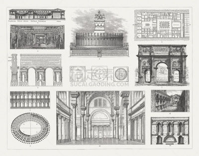 Roman architecture: 1 - 2) Arena of Nîmes (exterior view and floor plan); 3) Aqua Claudia (52 AD), Rome; 4 - 6) House of Pansa in Pompeii with floor plan, longitudinal average, and inside view (visual reconstruction); 7) Arch of Constantine (built 312 - 3