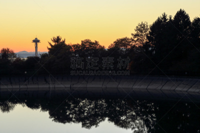 公园,志愿者,秋天,西雅图,华盛顿州,水,西雅图太空针塔,水平画幅,曙暮光,水库